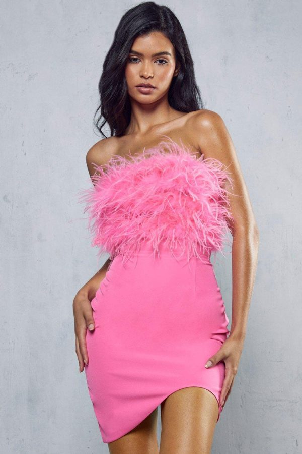 Asymmetrical Faux Feather Trim Cutout Back Strapless Party Mini Dress - Rose Asymmetrical Faux Feather Trim Cutout Back Strapless Party Mini Dress - Rose