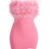 Asymmetrical Faux Feather Trim Cutout Back Strapless Party Mini Dress - Rose Asymmetrical Faux Feather Trim Cutout Back Strapless Party Mini Dress - Rose