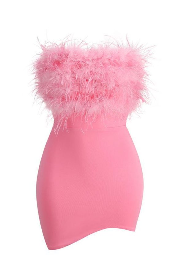 Asymmetrical Faux Feather Trim Cutout Back Strapless Party Mini Dress - Rose Asymmetrical Faux Feather Trim Cutout Back Strapless Party Mini Dress - Rose
