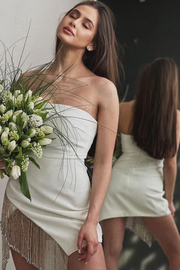 Asymmetrical Fringe Trim Bodycon Bandage Strapless Mini Dress - White Asymmetrical Fringe Trim Bodycon Bandage Strapless Mini Dress - White