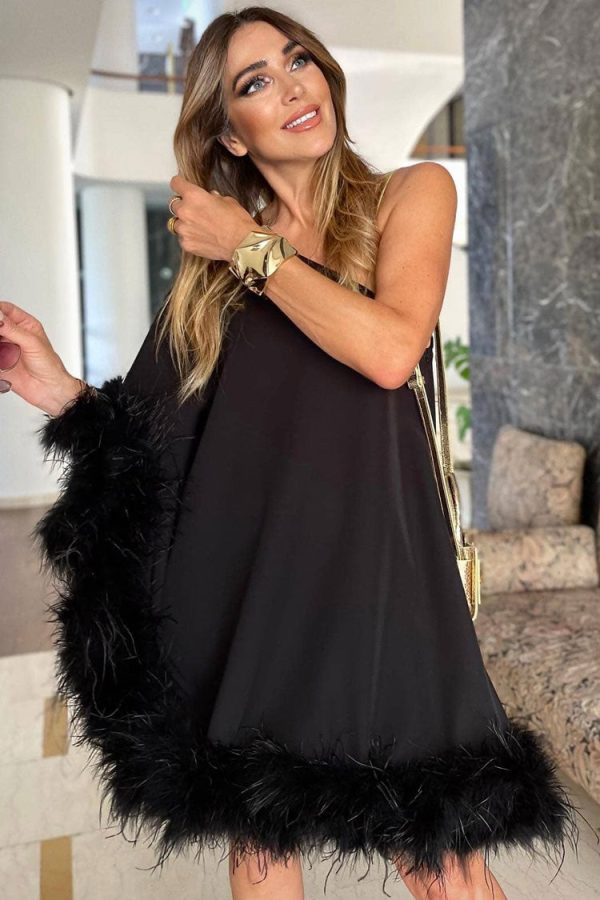 Asymmetrical One Shoulder Feather Trim A Line Party Mini Dress - Black Asymmetrical One Shoulder Feather Trim A Line Party Mini Dress - Black