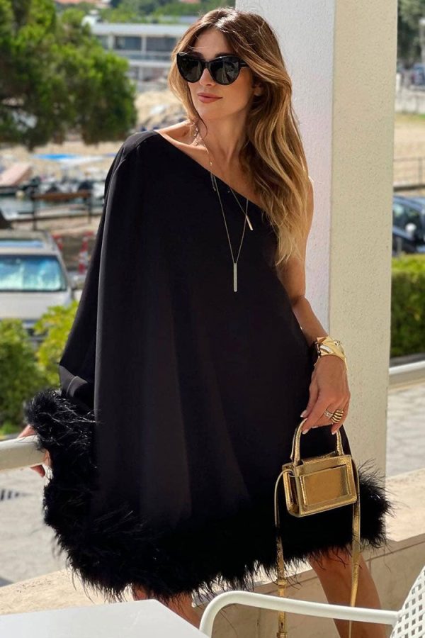 Asymmetrical One Shoulder Feather Trim A Line Party Mini Dress - Black Asymmetrical One Shoulder Feather Trim A Line Party Mini Dress - Black