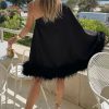 Asymmetrical One Shoulder Feather Trim A Line Party Mini Dress - Black Asymmetrical One Shoulder Feather Trim A Line Party Mini Dress - Black