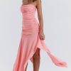 Asymmetrical Ruched Strapless Bodycon Drop Waist High Split Cocktail Dress - Pink Asymmetrical Ruched Strapless Bodycon Drop Waist High Split Cocktail Dress - Pink