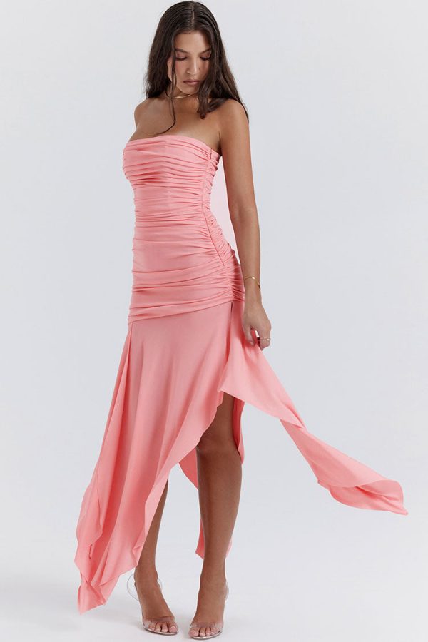 Asymmetrical Ruched Strapless Bodycon Drop Waist High Split Cocktail Dress - Pink Asymmetrical Ruched Strapless Bodycon Drop Waist High Split Cocktail Dress - Pink