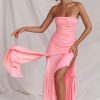 Asymmetrical Ruched Strapless Bodycon Drop Waist High Split Cocktail Dress - Pink Asymmetrical Ruched Strapless Bodycon Drop Waist High Split Cocktail Dress - Pink