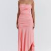 Asymmetrical Ruched Strapless Bodycon Drop Waist High Split Cocktail Dress - Pink Asymmetrical Ruched Strapless Bodycon Drop Waist High Split Cocktail Dress - Pink