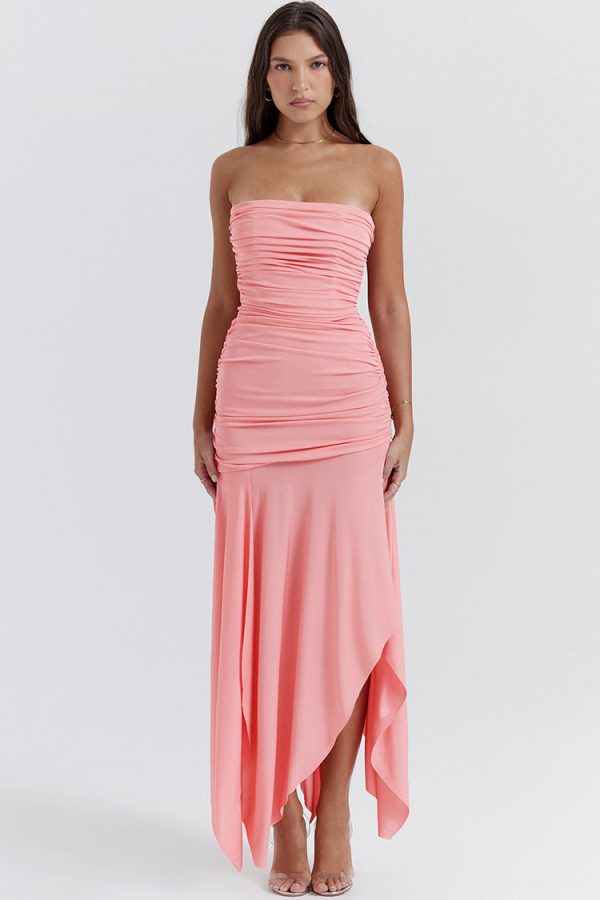 Asymmetrical Ruched Strapless Bodycon Drop Waist High Split Cocktail Dress - Pink Asymmetrical Ruched Strapless Bodycon Drop Waist High Split Cocktail Dress - Pink