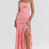 Asymmetrical Ruched Strapless Bodycon Drop Waist High Split Cocktail Dress - Pink Asymmetrical Ruched Strapless Bodycon Drop Waist High Split Cocktail Dress - Pink
