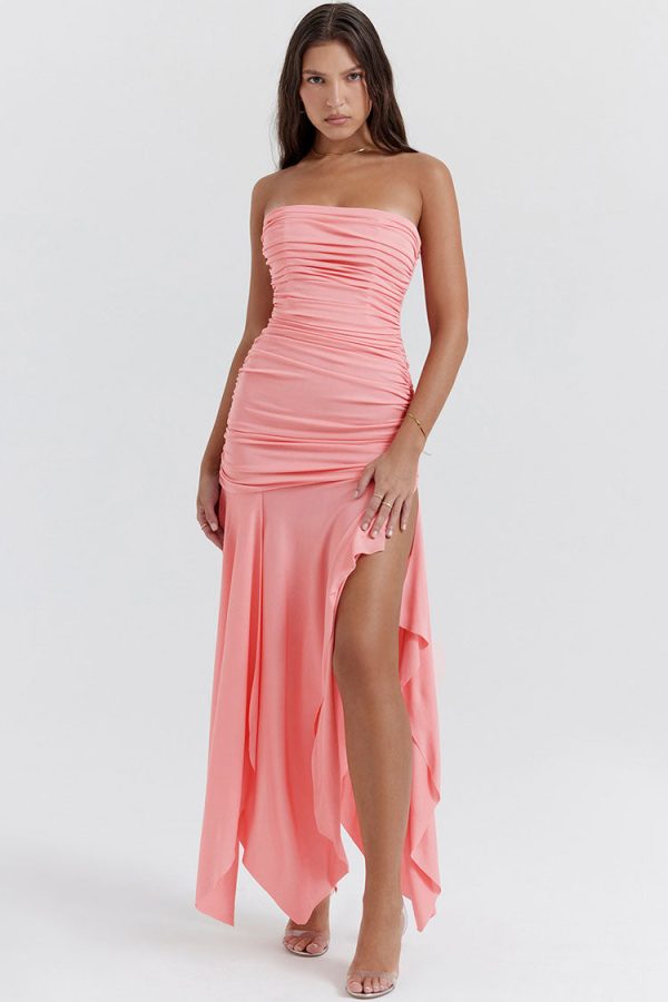Asymmetrical Ruched Strapless Bodycon Drop Waist High Split Cocktail Dress - Pink Asymmetrical Ruched Strapless Bodycon Drop Waist High Split Cocktail Dress - Pink