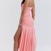 Asymmetrical Ruched Strapless Bodycon Drop Waist High Split Cocktail Dress - Pink Asymmetrical Ruched Strapless Bodycon Drop Waist High Split Cocktail Dress - Pink
