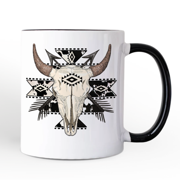 Aztec Tribal Bull Skull Personalized Mug, Western Boho Gift with Custom Name