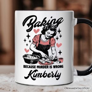 Baking Because Murder Is Wrong Anti-Valentine Personalized Mug, Funny Retro Kitchen Gift with Custom Name