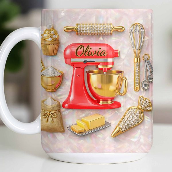 Baking With Love And Style Gold Mixer And Rolling Pin - Personalized Custom Coffee Mug - COOK037_MG Baking With Love And Style Gold Mixer And Rolling Pin - Personalized Custom Coffee Mug - COOK037_MG