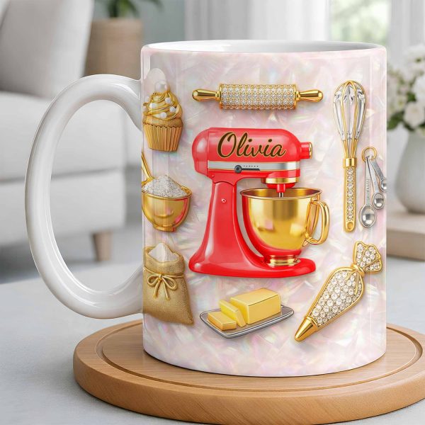 Baking With Love And Style Gold Mixer And Rolling Pin - Personalized Custom Coffee Mug - COOK037_MG Baking With Love And Style Gold Mixer And Rolling Pin - Personalized Custom Coffee Mug - COOK037_MG