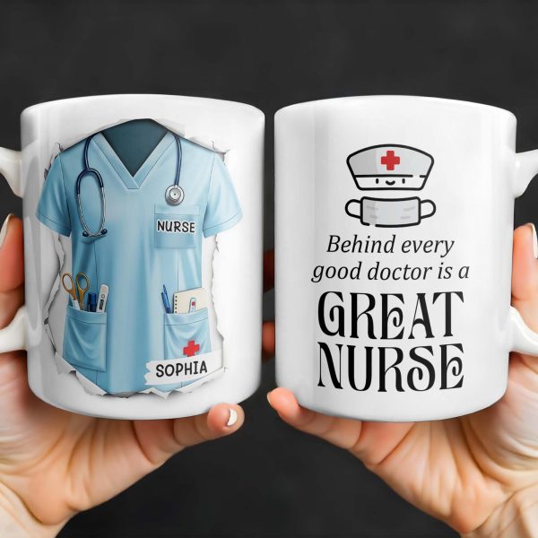 Behind Every Good Doctor Is A Great Nurse, Nurse Cap and Mask - Personalized Custom Coffee Mug - NUR010_MG Behind Every Good Doctor Is A Great Nurse, Nurse Cap and Mask - Personalized Custom Coffee Mug - NUR010_MG