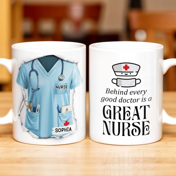 Behind Every Good Doctor Is A Great Nurse, Nurse Cap and Mask - Personalized Custom Coffee Mug - NUR010_MG Behind Every Good Doctor Is A Great Nurse, Nurse Cap and Mask - Personalized Custom Coffee Mug - NUR010_MG