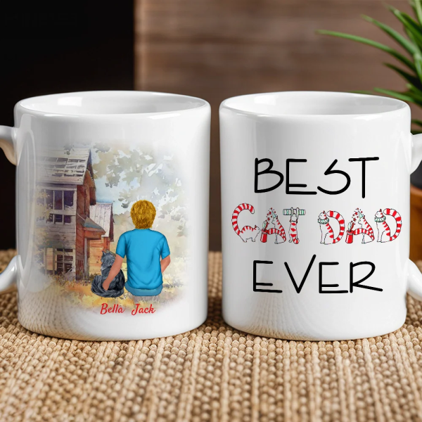 Best Cat Dad Ever Personalized White Ceramic Mug with Cat Illustration, Cozy Scene & Unique Gift for Pet Lovers