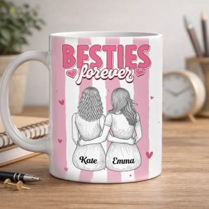 Besties Forever Ceramic Mug, Personalized Coffee Mug for Best Friend or Sister, Sweet Hug Illustration Unique Gift
