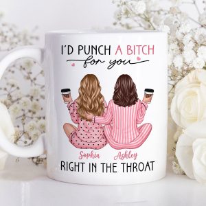 Besties In Pink Pajamas, I'd Punch A Bitch For You Personalized Mug, Funny Christmas, New Year Gift, Galentine's Day Gift For Best Friends