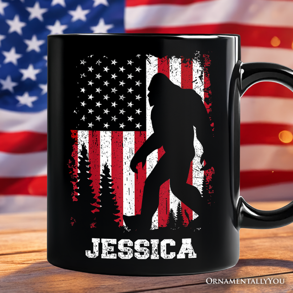 Bigfoot American Flag Personalized Mug, Patriotic Sasquatch Gift with Custom Name Bigfoot American Flag Personalized Mug, Patriotic Sasquatch Gift with Custom Name