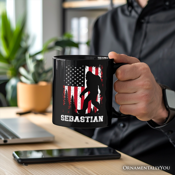Bigfoot American Flag Personalized Mug, Patriotic Sasquatch Gift with Custom Name Bigfoot American Flag Personalized Mug, Patriotic Sasquatch Gift with Custom Name