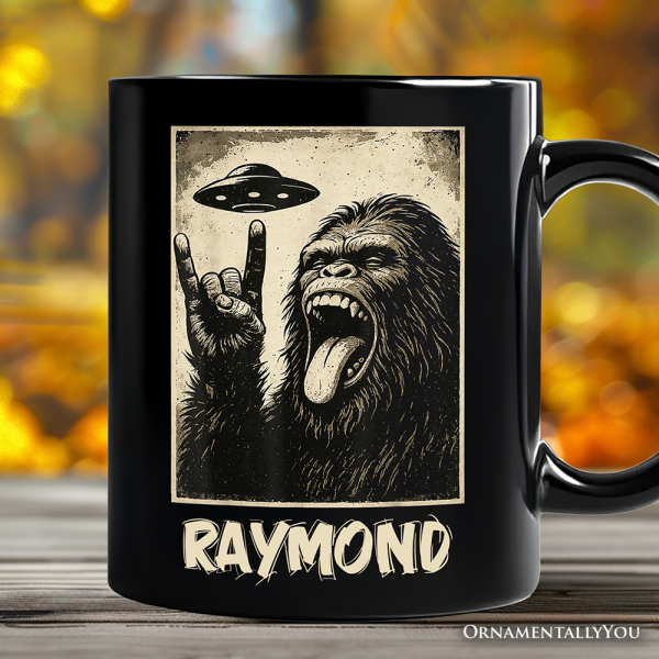 Bigfoot UFO Funny Personalized Mug, Rock and Roll Sasquatch Meme Gift with Custom Name