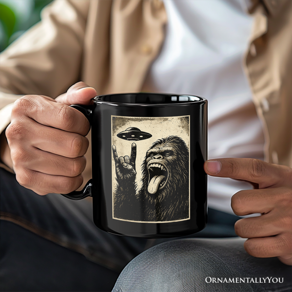Bigfoot UFO Funny Personalized Mug, Rock and Roll Sasquatch Meme Gift with Custom Name
