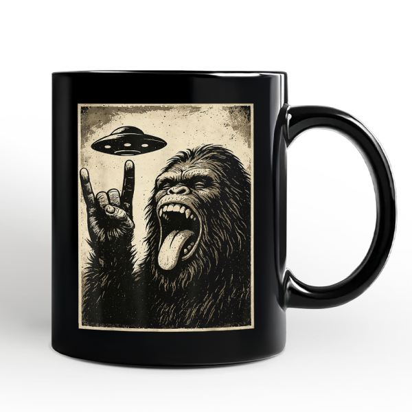 Bigfoot UFO Funny Personalized Mug, Rock and Roll Sasquatch Meme Gift with Custom Name