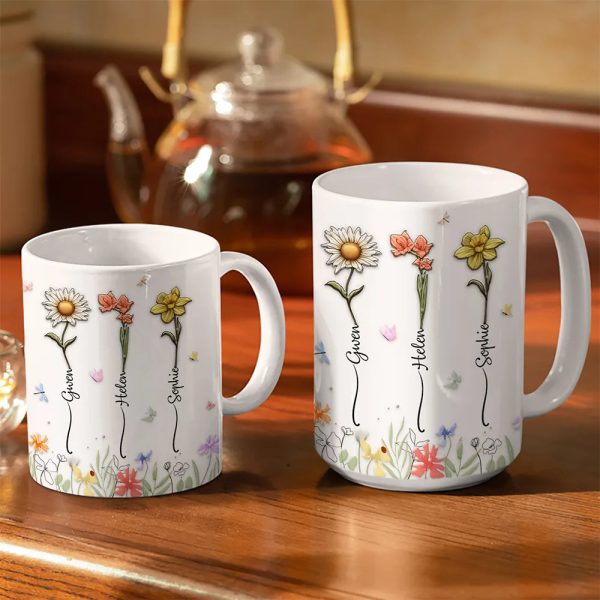 Birth Flower Sisters From The Same Garden - 3D Embossed Effect Printed Mug, Personalized White Edge-to-Edge Mug Birth Flower Sisters From The Same Garden - 3D Embossed Effect Printed Mug, Personalized White Edge-to-Edge Mug