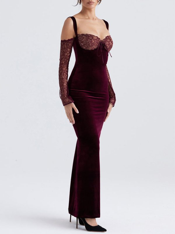 Black Cherry Velvet Lace Long Sleeve Maxi Dress Black Cherry Velvet Lace Long Sleeve Maxi Dress