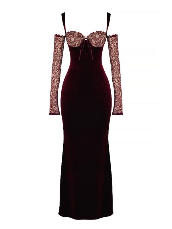Black Cherry Velvet Lace Long Sleeve Maxi Dress Black Cherry Velvet Lace Long Sleeve Maxi Dress
