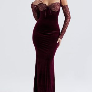 Black Cherry Velvet Lace Long Sleeve Maxi Dress