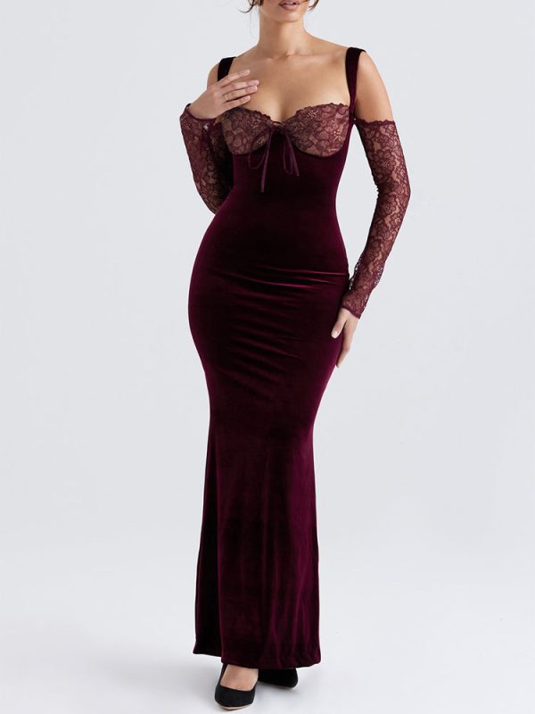 Black Cherry Velvet Lace Long Sleeve Maxi Dress Black Cherry Velvet Lace Long Sleeve Maxi Dress