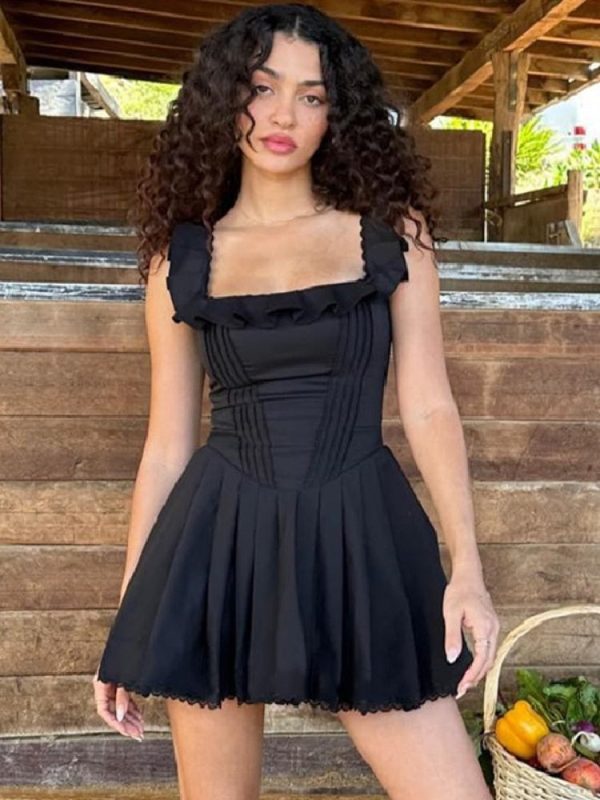 Black Corset Square Neck Frill Strap Mini Dress Black Corset Square Neck Frill Strap Mini Dress