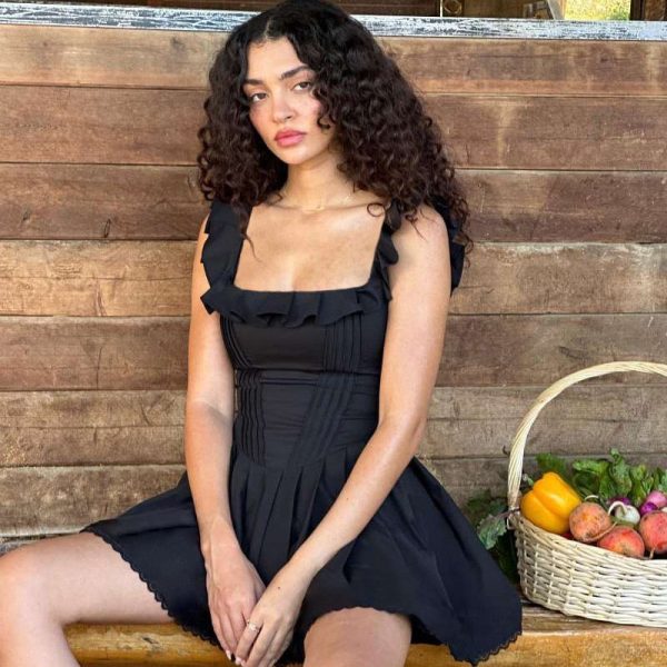 Black Corset Square Neck Frill Strap Mini Dress Black Corset Square Neck Frill Strap Mini Dress