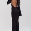 Black Knit Fluted Sleeves Backless Sheer Maxi Dress