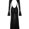 Black Knit Fluted Sleeves Backless Sheer Maxi Dress