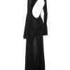 Black Knit Fluted Sleeves Backless Sheer Maxi Dress