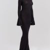 Black Knit Fluted Sleeves Backless Sheer Maxi Dress