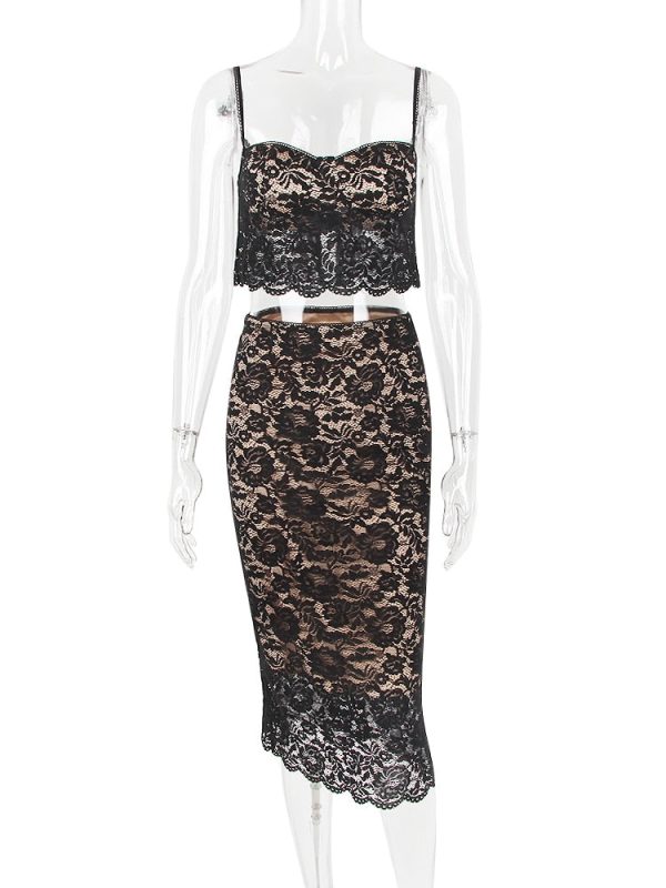 Black Lace Cami Top And Midi Skirt Set