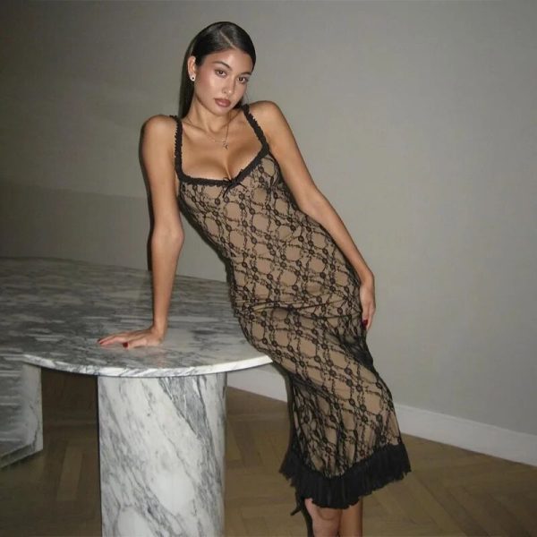 Black Lace Mesh Strap Midi Dress Black Lace Mesh Strap Midi Dress