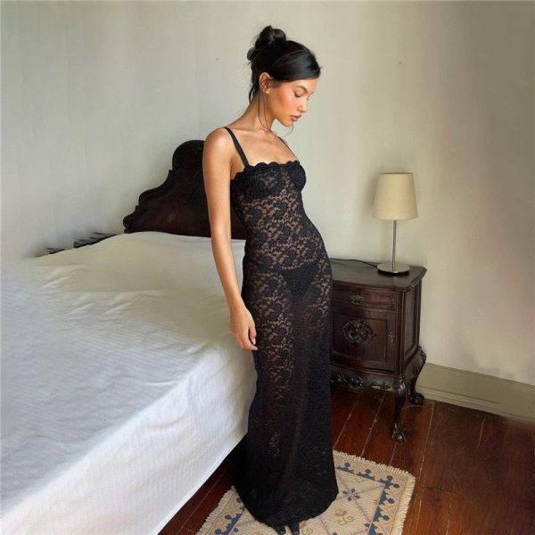 Black Lace Sheer Midi Bodycon Dress Black Lace Sheer Midi Bodycon Dress