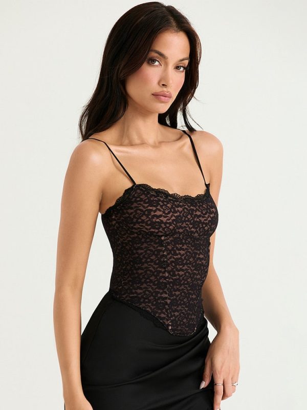 Black Lace Strap Top And Slit Lace Trim Midi Skirt Set Black Lace Strap Top And Slit Lace Trim Midi Skirt Set