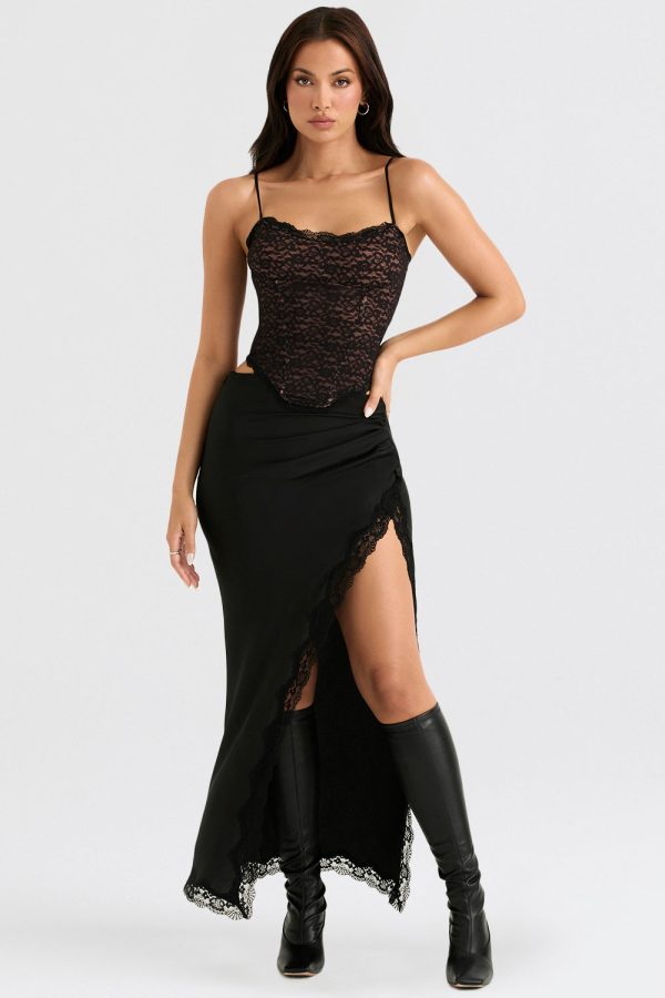 Black Lace Strap Top And Slit Lace Trim Midi Skirt Set Black Lace Strap Top And Slit Lace Trim Midi Skirt Set