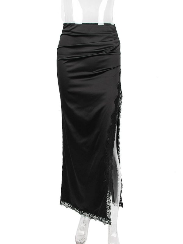 Black Lace Strap Top And Slit Lace Trim Midi Skirt Set Black Lace Strap Top And Slit Lace Trim Midi Skirt Set