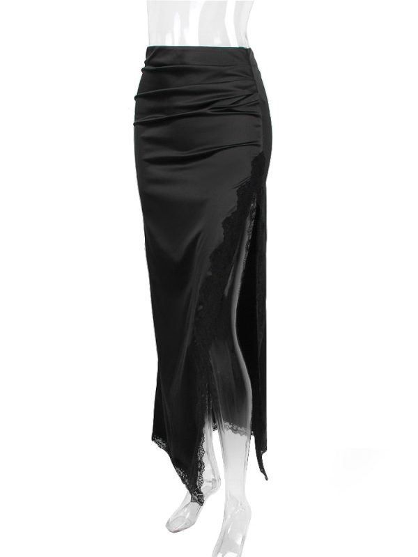 Black Lace Strap Top And Slit Lace Trim Midi Skirt Set Black Lace Strap Top And Slit Lace Trim Midi Skirt Set
