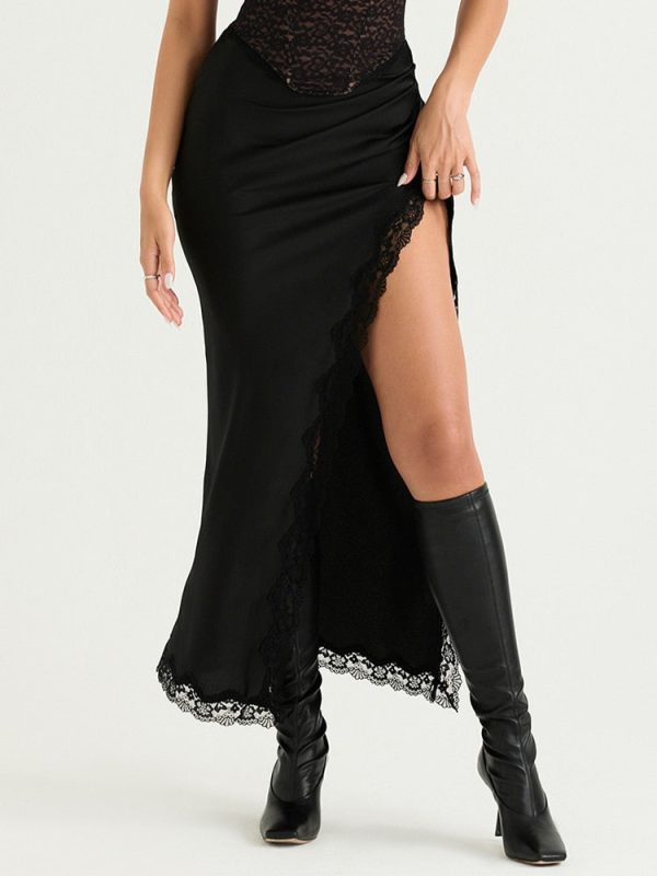 Black Lace Strap Top And Slit Lace Trim Midi Skirt Set Black Lace Strap Top And Slit Lace Trim Midi Skirt Set