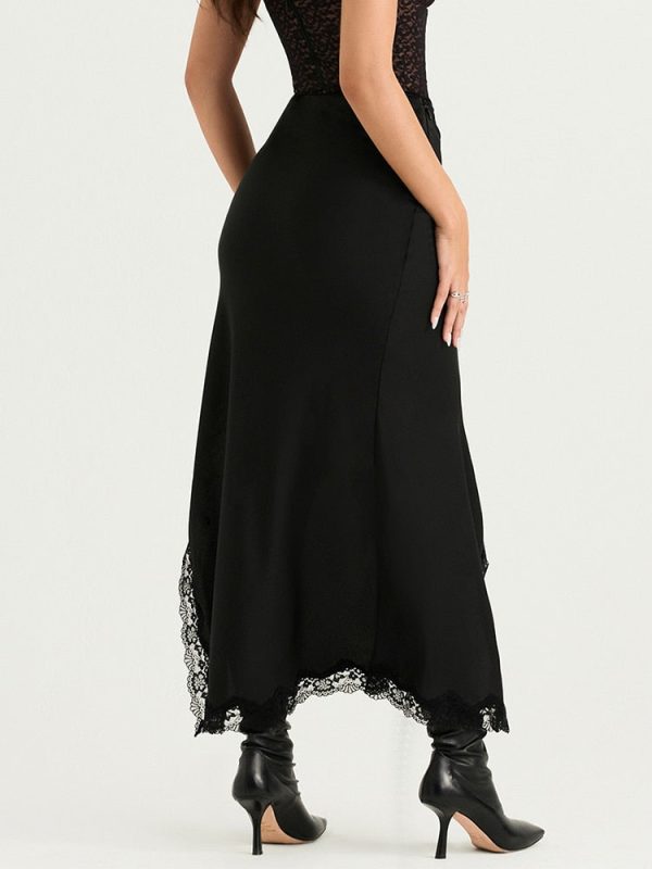 Black Lace Strap Top And Slit Lace Trim Midi Skirt Set Black Lace Strap Top And Slit Lace Trim Midi Skirt Set