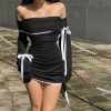 Black Long Sleeve Off-shoulder Bow Mini Dress Black Long Sleeve Off-shoulder Bow Mini Dress